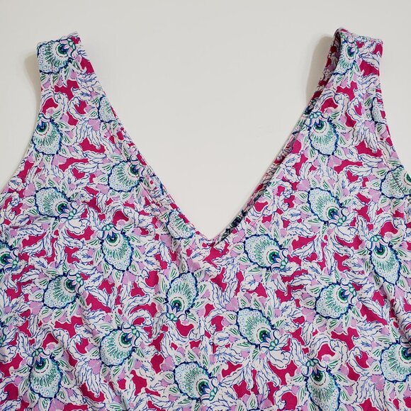 LOFT Womens Bloom Godet Double V Mini Dress Large Floral Sleeveless Stretch - Picture 7 of 14